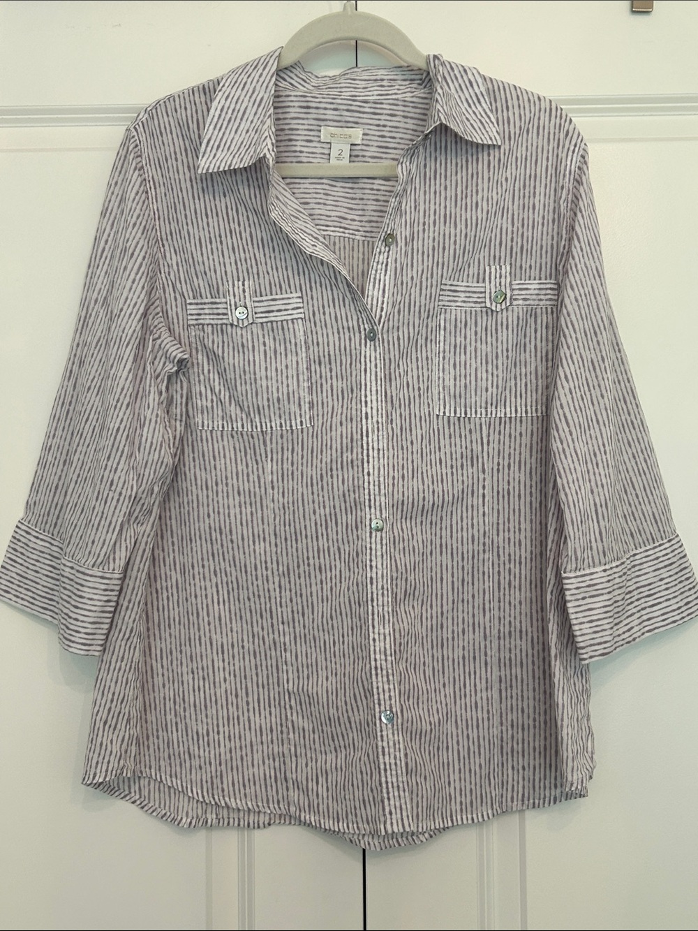 Chico's Gray & White Striped Button-Front Shirt
